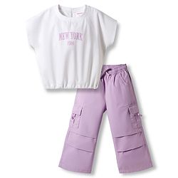 Babyhug Cotton Woven Half Sleeves Text Printed Top & Pant Set - White & Lilac