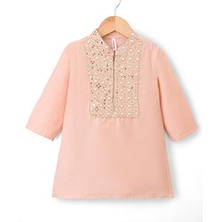 Babyhug Cotton Blend Woven Full Sleeves Solid Color Kurta Pajama Set with Embroidery - Peach
