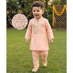 Babyhug Cotton Blend Woven Full Sleeves Solid Color Kurta Pajama Set with Embroidery - Peach