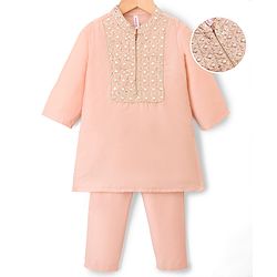 Babyhug Cotton Blend Woven Full Sleeves Solid Color Kurta Pajama Set with Embroidery - Peach