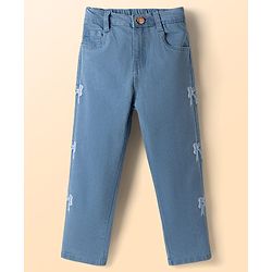 Babyhug Cotton Woven Half Sleeves Top & Jeans Set With Bow Embroidery - White & Light Blue