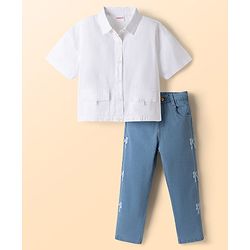 Babyhug Cotton Woven Half Sleeves Top & Jeans Set With Bow Embroidery - White & Light Blue