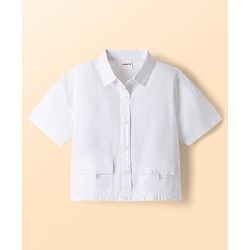 Babyhug Cotton Woven Half Sleeves Top & Jeans Set With Bow Embroidery - White & Light Blue