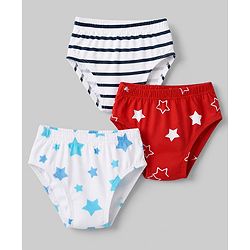 Babyhug 100% Cotton Single Jersey Knit Briefs With Stripes & Star Print Pack of 3 - White, Red & Light Blue