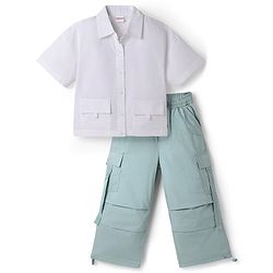 Babyhug Cotton Woven Half Sleeves Solid Top & Pant Set - White & Light Green