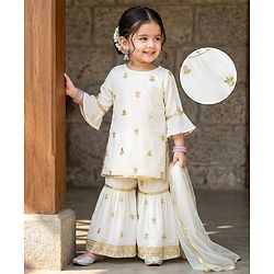 Babyhug Georgette Woven Three Fourth Sleeves Kurti Gharara Set With Floral Sequin Detailing & Dupatta - Off White