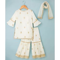Babyhug Georgette Woven Three Fourth Sleeves Kurti Gharara Set With Floral Sequin Detailing & Dupatta - Off White