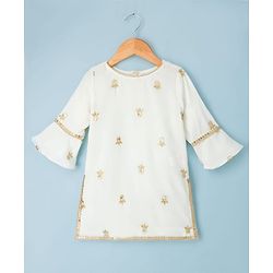 Babyhug Georgette Woven Three Fourth Sleeves Kurti Gharara Set With Floral Sequin Detailing & Dupatta - Off White