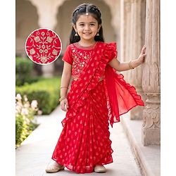 Babyhug Woven Half Sleeves Floral Embroidered Blouse With Georgett Foil Printed Saree - Red