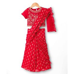 Babyhug Woven Half Sleeves Floral Embroidered Blouse With Georgett Foil Printed Saree - Red
