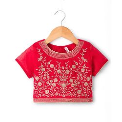 Babyhug Woven Half Sleeves Floral Embroidered Blouse With Georgett Foil Printed Saree - Red