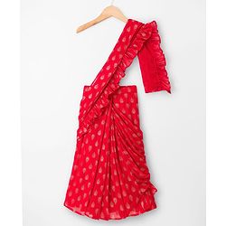 Babyhug Woven Half Sleeves Floral Embroidered Blouse With Georgett Foil Printed Saree - Red