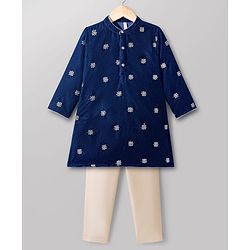 Babyhug Velvet Woven Full Sleeves Kurta Pajama Set with Floral Embroidery - Navy Blue