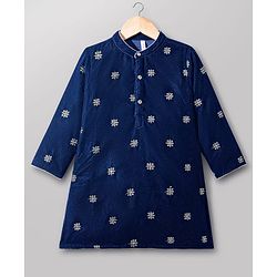 Babyhug Velvet Woven Full Sleeves Kurta Pajama Set with Floral Embroidery - Navy Blue