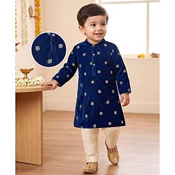 Babyhug Velvet Woven Full Sleeves Kurta Pajama Set with Floral Embroidery - Navy Blue