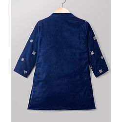 Babyhug Velvet Woven Full Sleeves Kurta Pajama Set with Floral Embroidery - Navy Blue