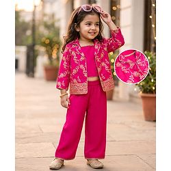 Babyhug Brocade Woven Three Fourth Sleeves Foil Printed Top Palazzo & Jacket Set - Fuchsia