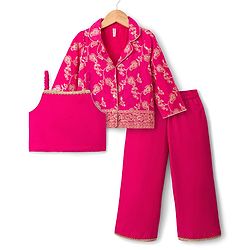 Babyhug Brocade Woven Three Fourth Sleeves Foil Printed Top Palazzo & Jacket Set - Fuchsia