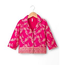 Babyhug Brocade Woven Three Fourth Sleeves Foil Printed Top Palazzo & Jacket Set - Fuchsia