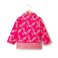 Babyhug Brocade Woven Three Fourth Sleeves Foil Printed Top Palazzo & Jacket Set - Fuchsia