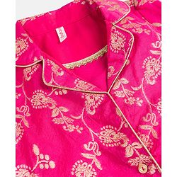 Babyhug Brocade Woven Three Fourth Sleeves Foil Printed Top Palazzo & Jacket Set - Fuchsia