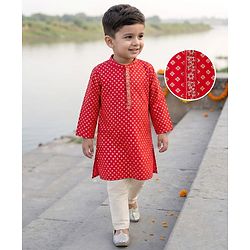 Babyhug Cotton Blend Woven Full Sleeves Kurta Pajama Set with Floral Foil Print - Red