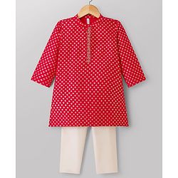Babyhug Cotton Blend Woven Full Sleeves Kurta Pajama Set with Floral Foil Print - Red