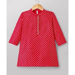 Babyhug Cotton Blend Woven Full Sleeves Kurta Pajama Set with Floral Foil Print - Red