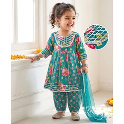 Babyhug Cambric Woven Three Fourth Sleeves Kurti Salwar Set with Dupatta & Floral Print - Green