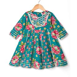 Babyhug Cambric Woven Three Fourth Sleeves Kurti Salwar Set with Dupatta & Floral Print - Green