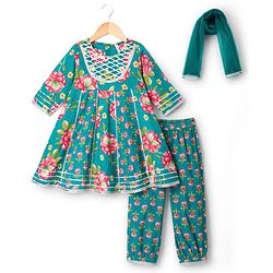 Babyhug Cambric Woven Three Fourth Sleeves Kurti Salwar Set with Dupatta & Floral Print - Green
