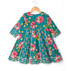 Babyhug Cambric Woven Three Fourth Sleeves Kurti Salwar Set with Dupatta & Floral Print - Green