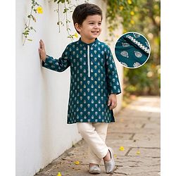 Babyhug Cotton Blend Woven Full Sleeves Kurta Pajama Set with Motif Foil Print - Navy Blue