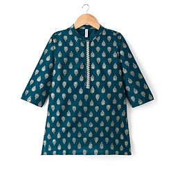 Babyhug Cotton Blend Woven Full Sleeves Kurta Pajama Set with Motif Foil Print - Navy Blue