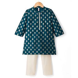 Babyhug Cotton Blend Woven Full Sleeves Kurta Pajama Set with Motif Foil Print - Navy Blue