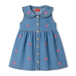 Babyhug Cotton Woven One Piece Dress Sleeveless Peter Pan Collar Floral Embroidered Blue 6-9 Months