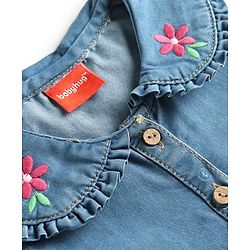 Babyhug Cotton Woven One Piece Dress Sleeveless Peter Pan Collar Floral Embroidered Blue 6-9 Months