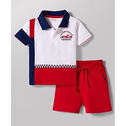 Babyhug 100% Cotton Knit Half Sleeves Cut N Sew Vehicles Printed Polo T-Shirt & Shorts Set - Multicolour