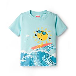 Babyhug Single Jersey Knit Half Sleeves T-Shirt & Shorts Set with Surfing Print - Blue & Yellow