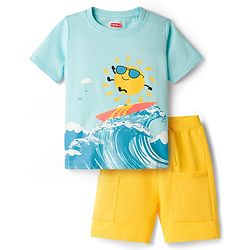 Babyhug Single Jersey Knit Half Sleeves T-Shirt & Shorts Set with Surfing Print - Blue & Yellow