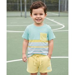 Babyhug Single Jersey Knit Half Sleeves Cut & Sew Striped T-Shirt & Shorts Set - Yellow