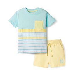Babyhug Single Jersey Knit Half Sleeves Cut & Sew Striped T-Shirt & Shorts Set - Yellow