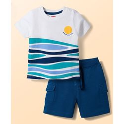Babyhug Single Jersey Knit Half Sleeves T-Shirt & Shorts Set with Happy Days Print - Navy Blue