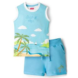 Babyhug Single Jersey Knit Sleeveless T-Shirt & Shorts Set with Beach Theme Print - Blue