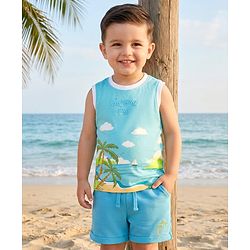 Babyhug Single Jersey Knit Sleeveless T-Shirt & Shorts Set with Beach Theme Print - Blue