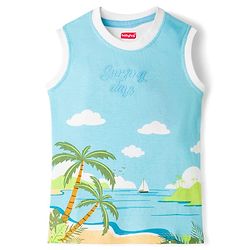 Babyhug Single Jersey Knit Sleeveless T-Shirt & Shorts Set with Beach Theme Print - Blue