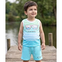 Babyhug 100% Cotton Knit Sleeveless Striped & Beach Theme Printed Tank T-Shirt & Shorts Set - Multicolour