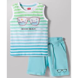 Babyhug 100% Cotton Knit Sleeveless Striped & Beach Theme Printed Tank T-Shirt & Shorts Set - Multicolour