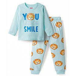 Babyhug Cotton Knit Full Sleeves Lion Printed T-Shirt & Pyjama Night Suit- Light Blue
