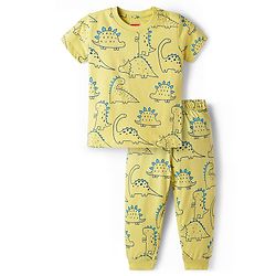Babyhug Cotton Knit Half Sleeves T-Shirt & Pyjama Night Co-ord Night Suit With Dino Print - Green